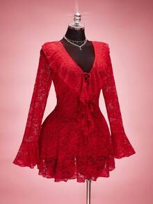 SHEIN ICON 大码女式红色网纱V领荷叶边迷你连衣裙，情人节风格，Y2K时尚，适合秋季、约会和性感穿着。优雅女式秋季连衣裙。 - 紅色 - 查看 7