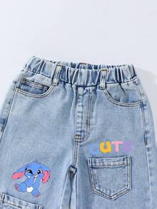 Young Girls Fashion Snowflake Washed Distressed Embroidered Flare Pants - Light Wash - View 4