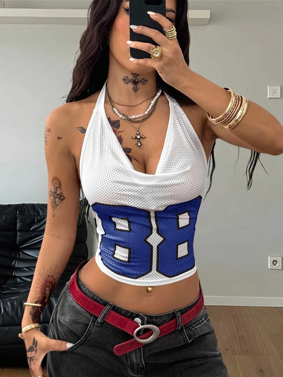 Coolane 女士夏季嘉年华音乐会 Y2K 街头风运动休闲透气网眼印花数字图案白色摆领修身露背短款上衣 - 白色 - 查看 1