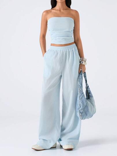 LYSMO 2pcs Women Summer Casual Blue Pleated Bandeau Top & Pants Set Island Vacation Outfits
