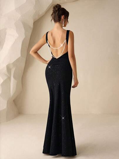 Coutiva Women's Elegant Party Glitter Chain Decor Backless Fishtail Formal Evening Gown