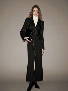 Lumivelle 女士休闲简约心形金属纽扣细腰西装外套 - 黑色 - 查看 6