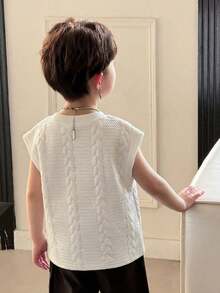SHEIN 男童纹理圆领纽扣装饰休闲背心 - 白色 - 查看 3