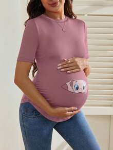 SHEIN Camiseta de manga corta con cuello redondo, estampado de dibujos animados lindo y casual para maternidad, verano - Rosa - Ver 6