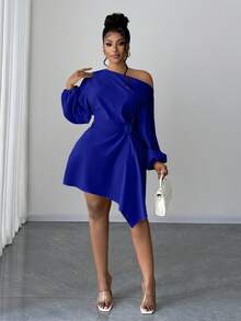 Maweii Elegant Ruched Waist Dress With Asymmetric Hem, Puff Sleeves And Rose Floral Decor, Minimalist Design For Everyday Wear And Commuting, Plus Size - Royal Blue - View 3
