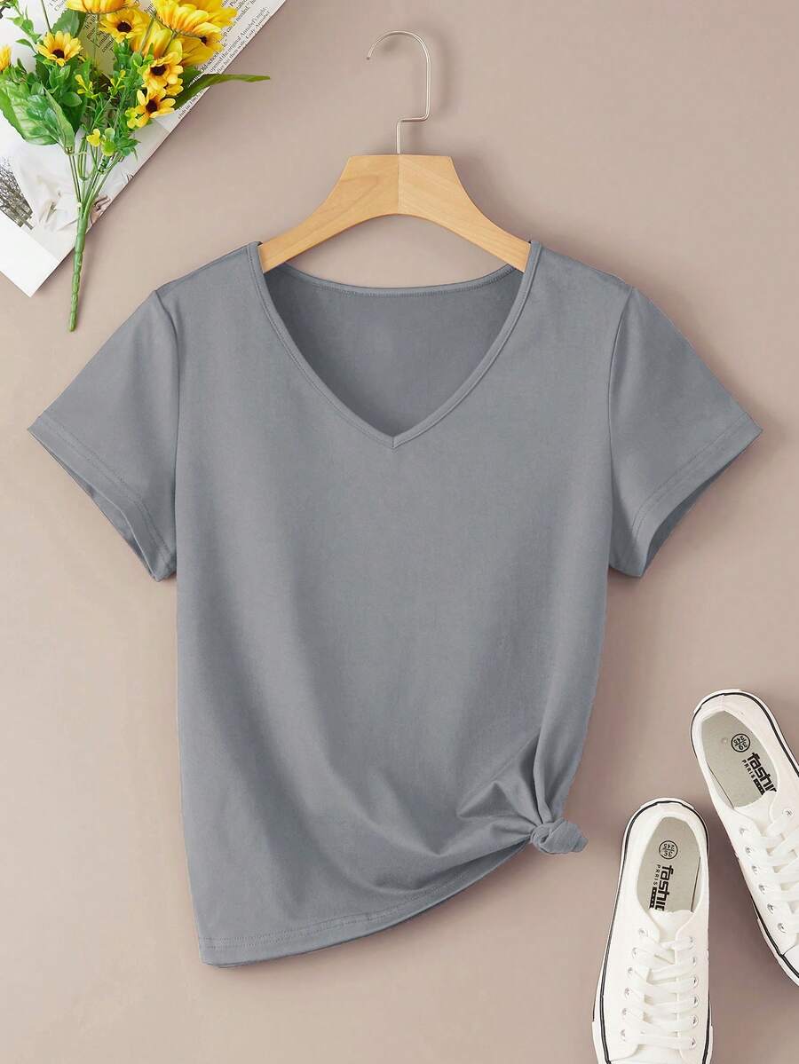 INAWLY Solid V Neck Tee - Grey - View 1