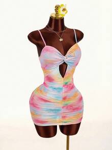 Amplova 2026 New Arrival Low-Cut Front Twist Knot Chest Hollow Design Women's Tie-Dye Spaghetti Strap Mini Dress - Multicolor - View 5