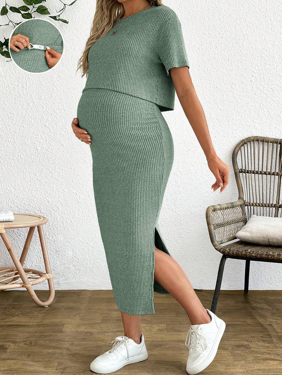 SHEIN 2pcs Maternity Solid Color Casual Short Sleeve Top And Skirt Set - Mint Green - View 1