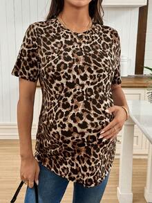 SHEIN T-shirt à manches courtes imprimé léopard décontracté pour femmes enceintes, été - Marron - View 7