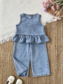 LMoss Kids 2pcs/Set Young Girl' Cute Blue Denim Loose Fit Camisole And Pants Set,Spring Outfits, Summer Outfits,Casual And Fashionable Vacation Outfits,Street Wear,2000s Style  ,Comfortable And Soft Denim Set,Vacation Outfits - Light Wash - View 3