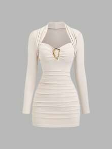 Sweetra New Elegant Party Cocktail Dress, Burgundy Color With Metal Decor, Fitted Silhouette, Suitable For Christmas And Formal Occasions - Apricot - View 3