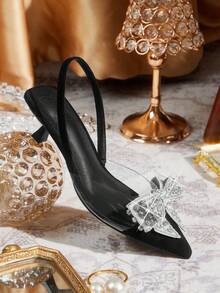 CUCCOO TILAWA Giày cao gót nữ hở gót, kiểu dáng tối giản, đính nơ và đá quý. - Than chì đen - Xem 3