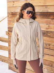 OutZeal Women Water-Resistant Hooded Drawstring Waist Zip Pocket Grey Outdoor Jacket Daily Casual - Apricot - View 7