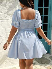 Sunnyshic Sweet & Spicy Striped Casual Waist Cinched Embroidered Ruffle Puff Sleeve Women Dress - Blue - View 2