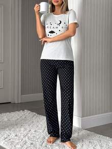 EURMUSE Star & Moon Print Pajama Set, Short Sleeve Dream Graphic Tee & Polka Dot Pants, Soft Stretch Lounge Co-Ord, Cute Nightwear, Y2K Aesthetic Homewear - Essentials - White - View 6