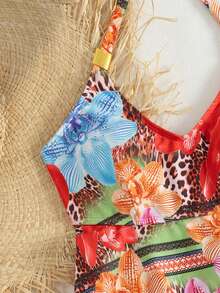 Swim Lushoire Women's Beach Spring/Summer Music Festival Flower Printed Ruffle Hem Halter Metal Jewelry Mature Fashion Women's Swimming Skirt Set - Multicolor - View 4