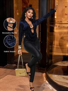 Lureya Women's Fashion Deep V-Neck Metal Button Decor Sexy Fitted Long Sleeve Zebra Velvet Fabric Curved Hem Elegant Party & Daily Commute T-Shirt - Multicolor - View 6