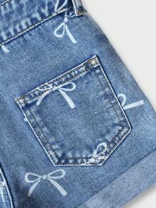SHEIN Young Girl Bow Print Denim Bib Pants, Suitable For Easter, Spring Festivals, Children's Day, Back To School Season - Medium Wash - View 8