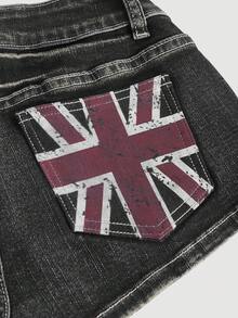 ROMWE Grunge Punk Quần short denim cạp siêu thấp in hình cờ Anh, kiểu dáng retro Y2K, có túi. - màu đen - Xem 4