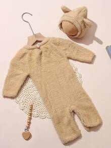SHEIN 2Pcs Set Khaki Newborn Baby Jumpsuit Knitting Animal Style Ears Photography Outfits - Khaki - View 3