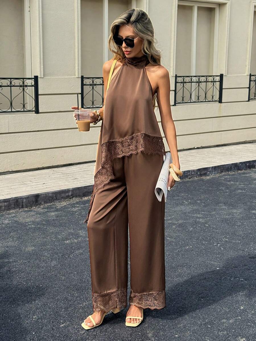 Siren Gaze Women's Contrast Lace Asymmetric Hem Halter Top And Pants Fashion 2 Pieces Set - Chocolate Brown - View 1