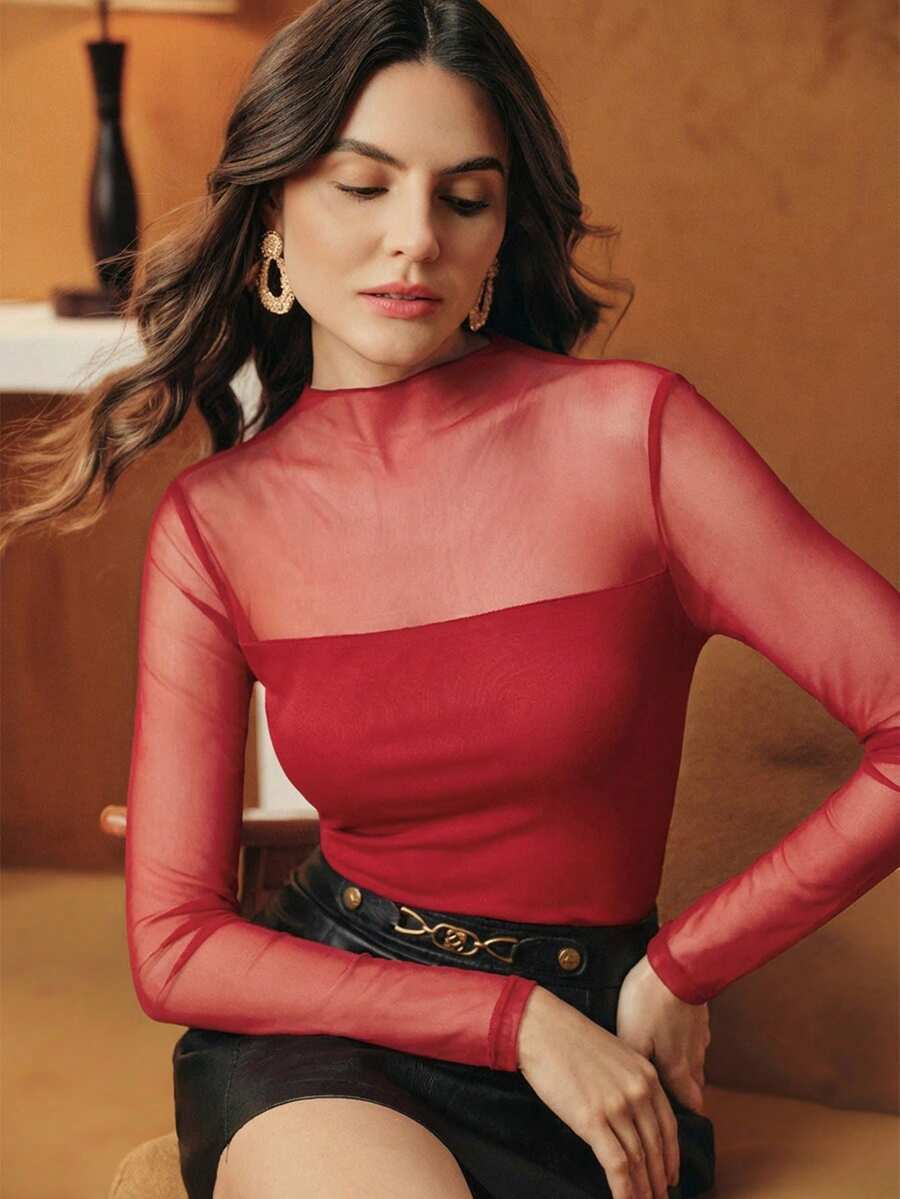 Anewsta Autumn/Winter New Elegant Fashionable Casual Going Out Party New Year Christmas Valentine's Day Sexy Stretchy Fitted Sheer Long Sleeve Base Layer Top, Red For Women - Red - View 1