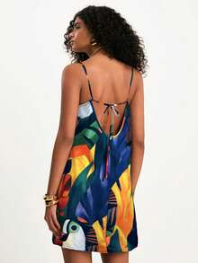 CAJUNI 女士休闲度假鹦鹉海龟印花串珠吊带迷你连衣裙，适合约会 - 彩色 - 查看 2