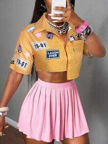 Slaydiva Yellow Front Button Numeric Print Asymmetric Hem Short Sleeve Cropped Shirt Y2k Crop Top - Yellow - View 5