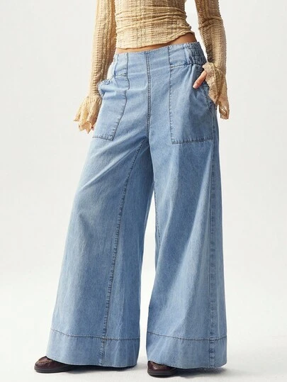 Slaydiva 大码宽松水洗阔腿牛仔裤