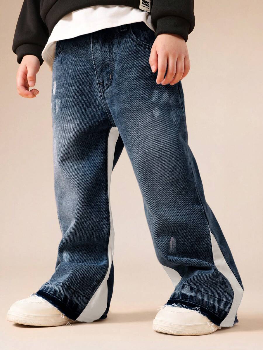 SUMWON Blugi denim pentru băieți, cu croială relaxată, stil Distressed, cu detalii rupte și accente de dungi laterale, pentru ținute casual de zi cu zi - Spălare medie - Vizualizare 1