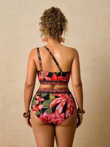 Travachic Bộ bikini cỡ lớn in họa tiết nhiệt đới, khoét eo, kiểu cổ yếm, thích hợp cho kỳ nghỉ hè trên bãi biển. - màu đen - Xem 2