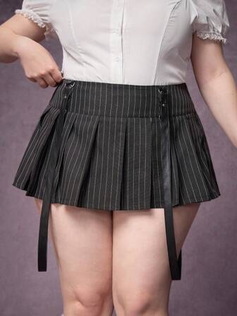 Grunge Punk Plus Size Y2K Baddie Punk Goth Striped PU Patchwork Lace-Up Mini Pleated Skirt