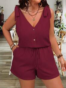EMERY ROSE 大码纯色休闲背心短裤两件套 女式短裤套装 女士度假休闲短裤套装 - 酒紅色 - 查看 5