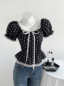 Elamini 女士黑白波点泡泡袖衬衫 - 黑與白 - 查看 2