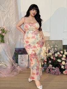 SHEIN CovetEZ Váy ôm in họa tiết tie-dye thanh lịch cỡ lớn, phù hợp cho mùa xuân và mùa thu - Màu vàng ngỗng - Xem 3