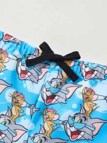 TOM & JERRY X SHEIN Young Boy Cartoon Pattern Beach Swim Trunks, Summer - Blue - View 3