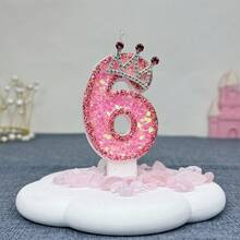 1支粉色皇冠蜡烛，数字0-9，7.5厘米/2.95英寸，粉色皇冠闪光设计生日数字蜡烛，公主主题蛋糕装饰，带亮片，适合女孩、女士、周年纪念庆祝活动，完美适用于公主主题生日庆祝活动和迷人装饰，房间装饰，礼物，生日蜡烛，生日装饰，生日快乐，蛋糕蜡烛，毕业季房间装饰 - 粉色 - 查看 10