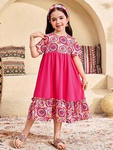 SHEIN 粉色夏季少女碎花拼接洋裝，家庭度假度假穿搭，少女版 Jalabiya 傳統長袖阿拉伯祈禱袍 - 粉色 - 查看 7