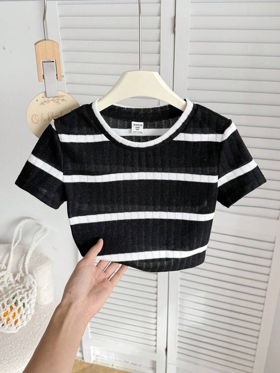 SHEIN Tween Girl Casual Wide Stripe Cropped Round Neck Short Sleeve T-Shirt - Black - View 1