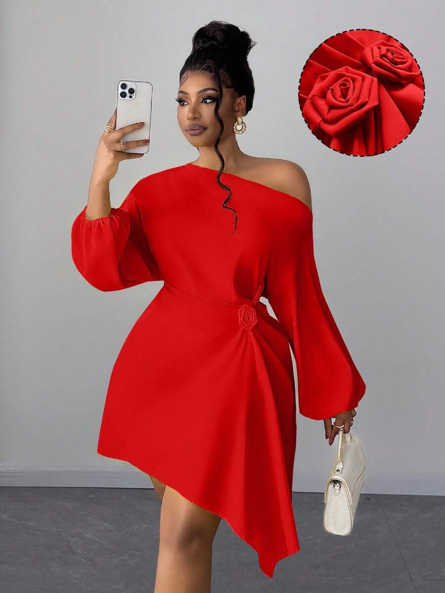 Maweii 优雅褶皱玫瑰花卉不对称下摆泡泡袖收腰休闲通勤大码女装连衣裙，春/秋/冬 - 紅色 - 查看 1