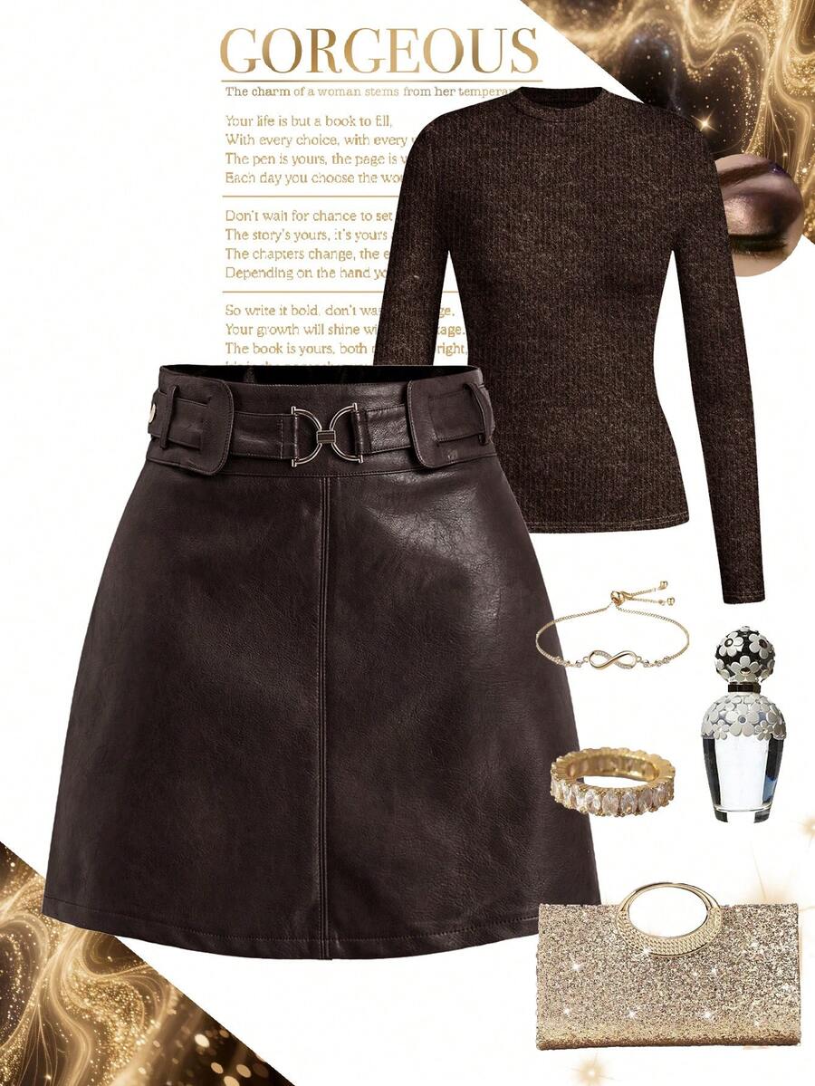 Ellevyn Falda midi minimalista de cuero de poliuretano burdeos con corte evasé - Marrón Mocha - Ver 1