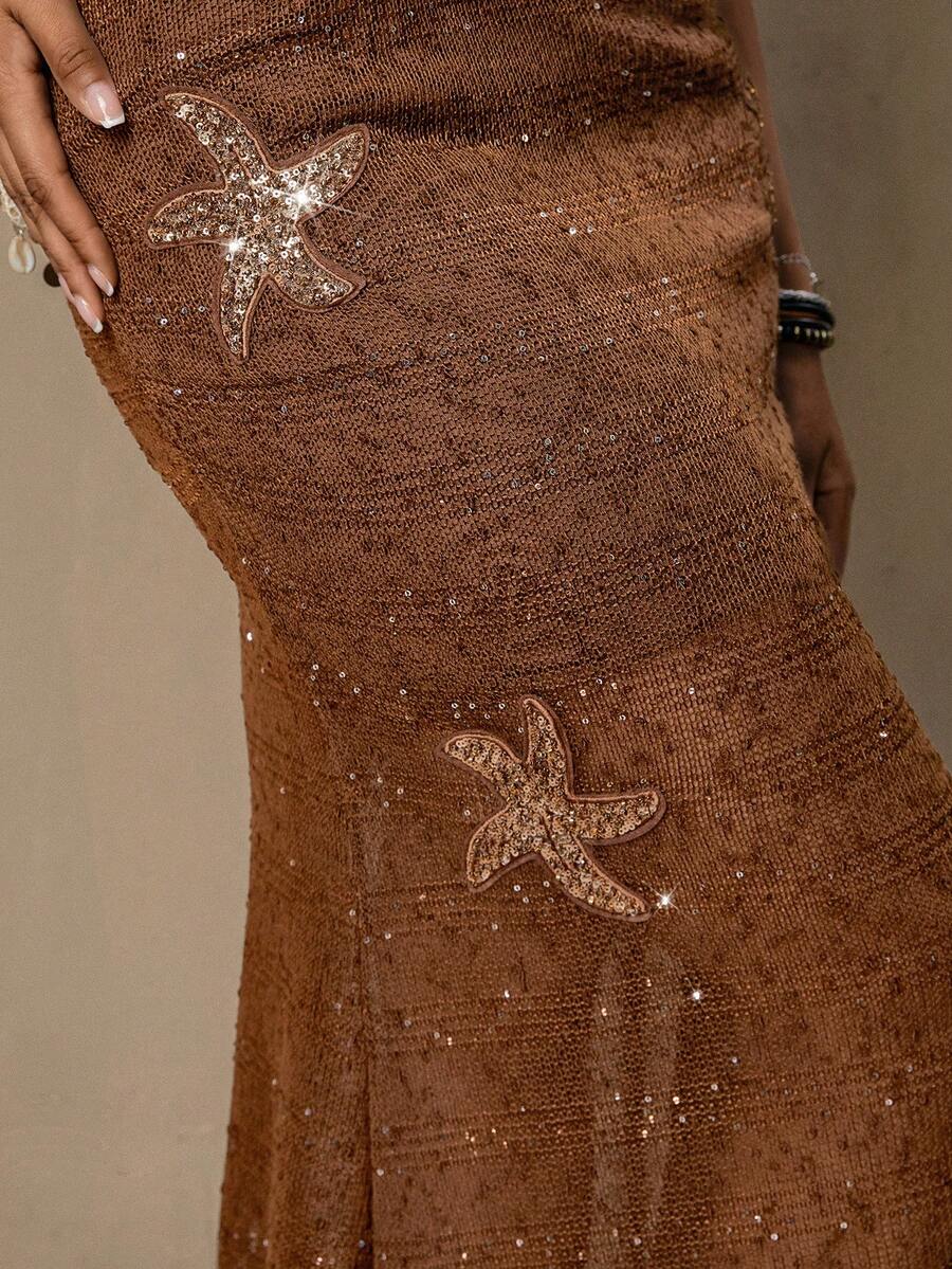 SHEIN VCAY Váy xòe đuôi cá cạp cao đính sequin thanh lịch dành cho nữ cỡ lớn - Cà phê nâu - Xem 1