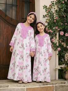 SHEIN Young Girl Pink Bow Tie Dress Ditsy Floral White Autumn Family Matching Elegant Vintage Chiffon Long Sleeve Arabic Abaya Modest Kaftan Kids Jalabiya - Pink - View 9