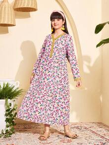 1-Piece Tween Girl Fashion Traditional Versatile Spring/Fall Pink Floral Print Gold Thread Embroidered V-Neck Long-Sleeve Maxi Dress - Multicolor - View 4