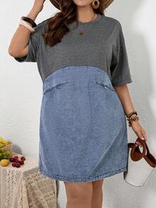 EMERY ROSE Đầm midi denim dáng rộng thoải mái dành cho nữ cỡ lớn, cổ tròn, tay ngắn - Màu xanh lam - Xem 4