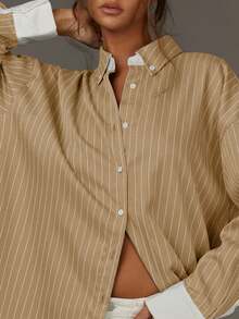 Athîral Women's Fashion Casual Striped Print Button-Down Long Sleeve Shirt - Khaki - View 4