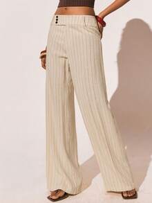 Poéselle 女士米色条纹亚麻混纺阔腿裤，高腰宽松阔腿裤，适合海滩、旅行和日常穿着，舒适百搭。 - 杏色 - 查看 4