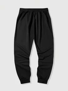 ROMWE MEN Goth 男士休闲时尚街头天使标语印花抽绳腰束脚运动裤 - 黑色 - 查看 4