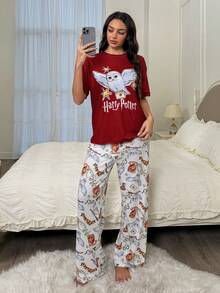HARRY POTTER X SHEIN Women's Summer Owl Round Neck Short-Sleeved Loose Burgundy Hedwig Printed Pattern T-Shirt And White Trousers Pajama Set, Comfortable And Casual Summer At Home - Red - View 4