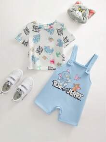 TOM & JERRY X SHEIN Baby Boy Casual Everyday Commute Cute Cartoon Letter Graphic Short Sleeve T-Shirt And Overalls Set, Summer - Blue - View 3